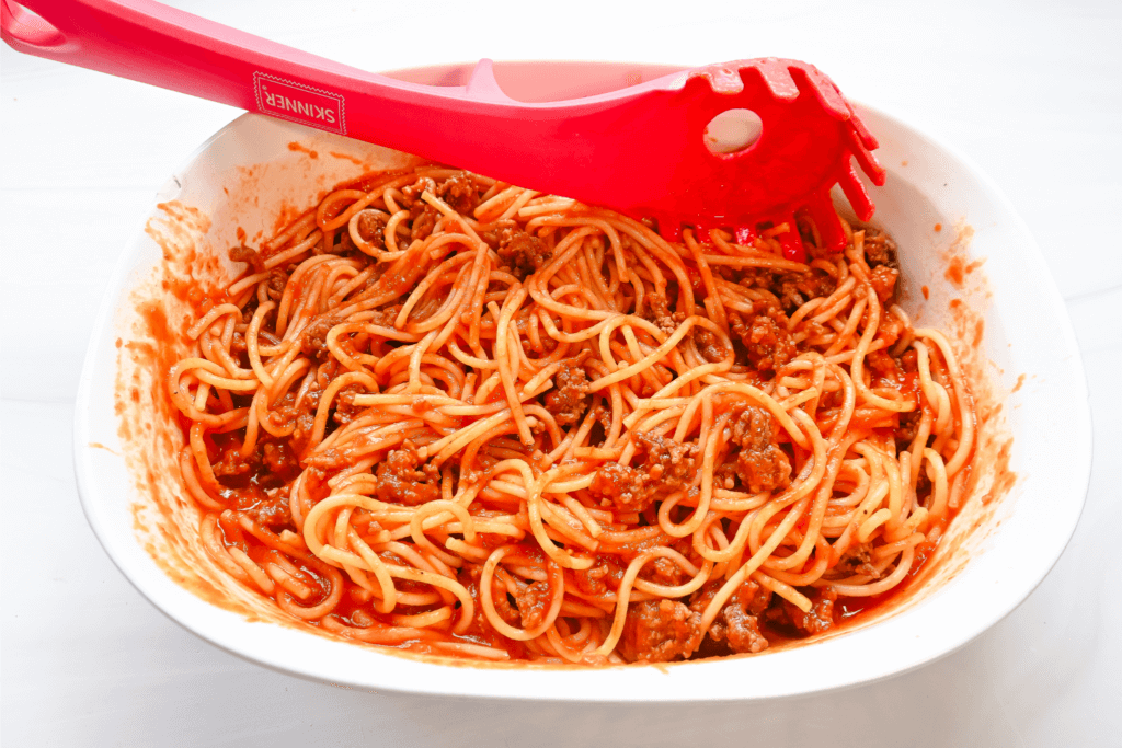 Finished Microwave Spaghetti and Meat Sauce