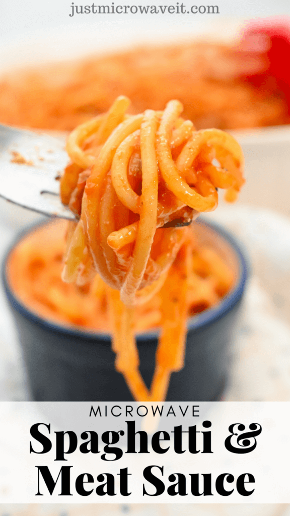 Title image with a fork swirled in spaghetti for a close up of Microwave Spaghetti and Meat Sauce