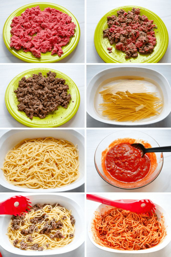 Collage image for steps to make Microwave Spaghetti and Meat Sauce