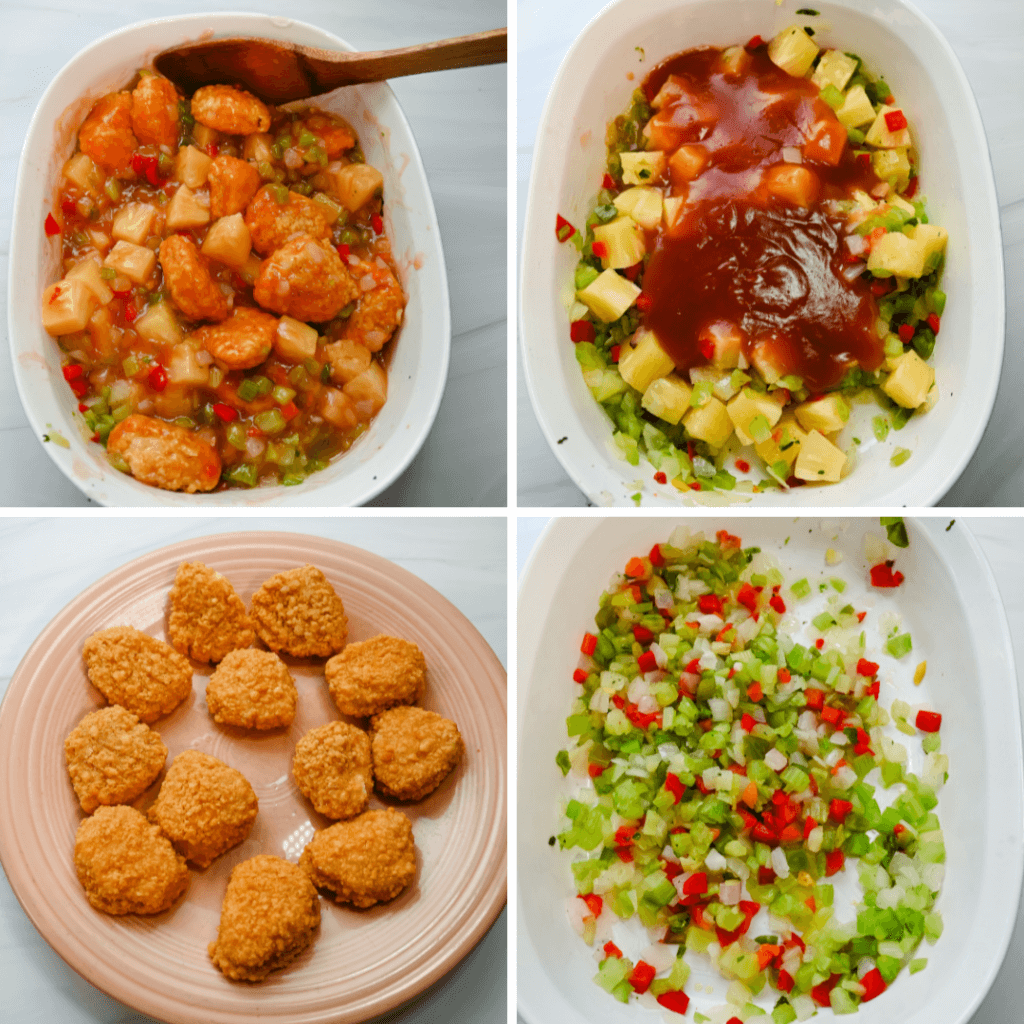 Collage with four images to make sweet and sour chicken in the microwave