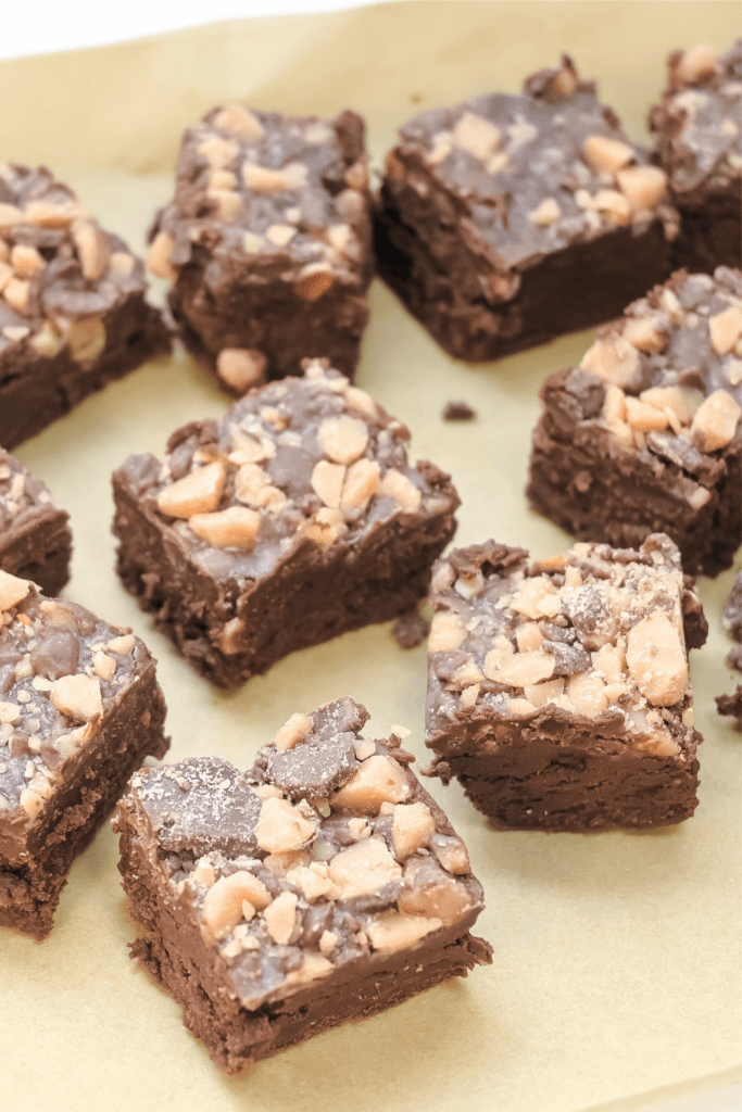 Close up of squares of microwave chocolate toffee fudge