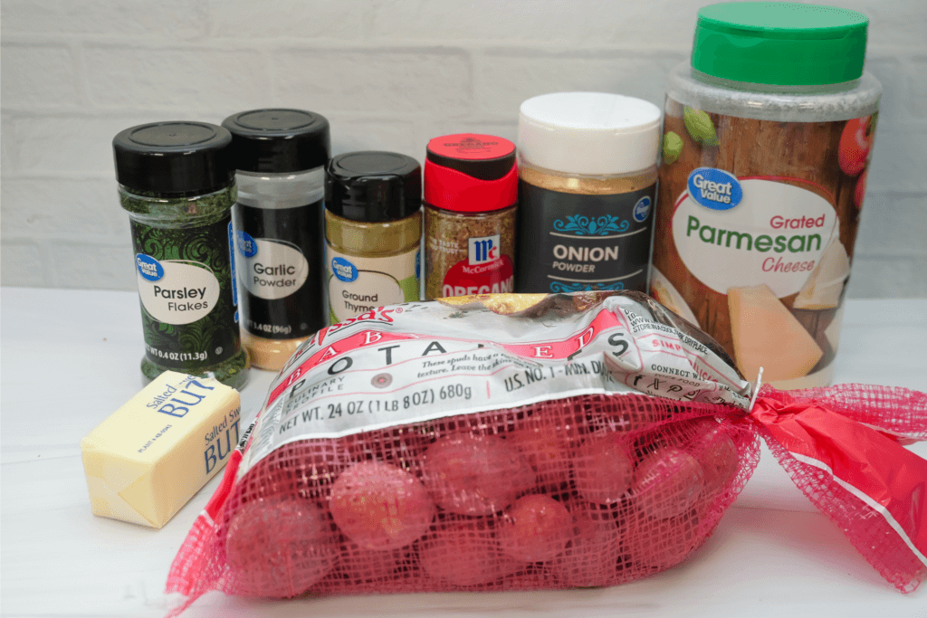 Ingredients to make Savory Garlic Parm Baby Potatoes in the microwave