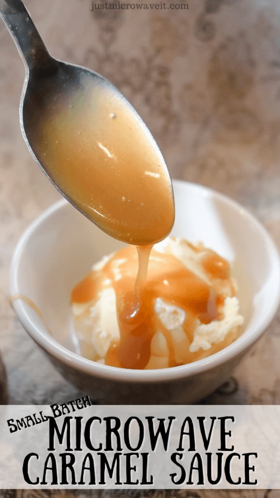 Close up of a spoon drizzling microwave caramel sauce on ice cream. 