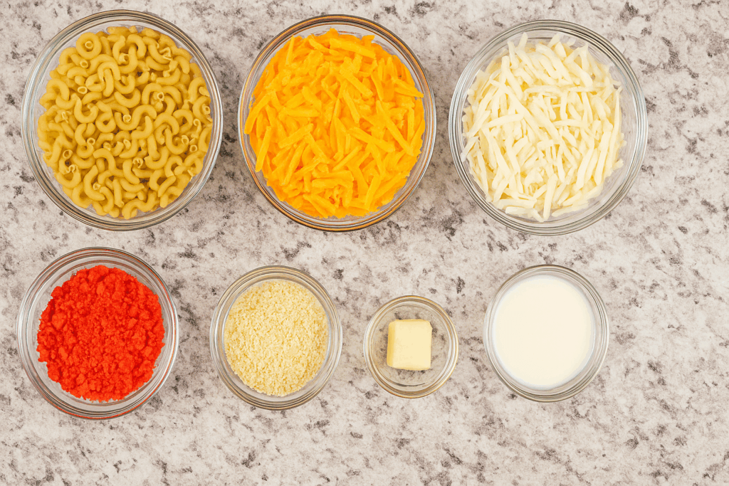 verhead view of a granite countertop with individual ingredients for mac and cheese in separate bowls, including shredded cheddar and white cheeses, crushed Hot Cheetos, panko bread crumbs, butter, heavy cream, and dry elbow macaroni.