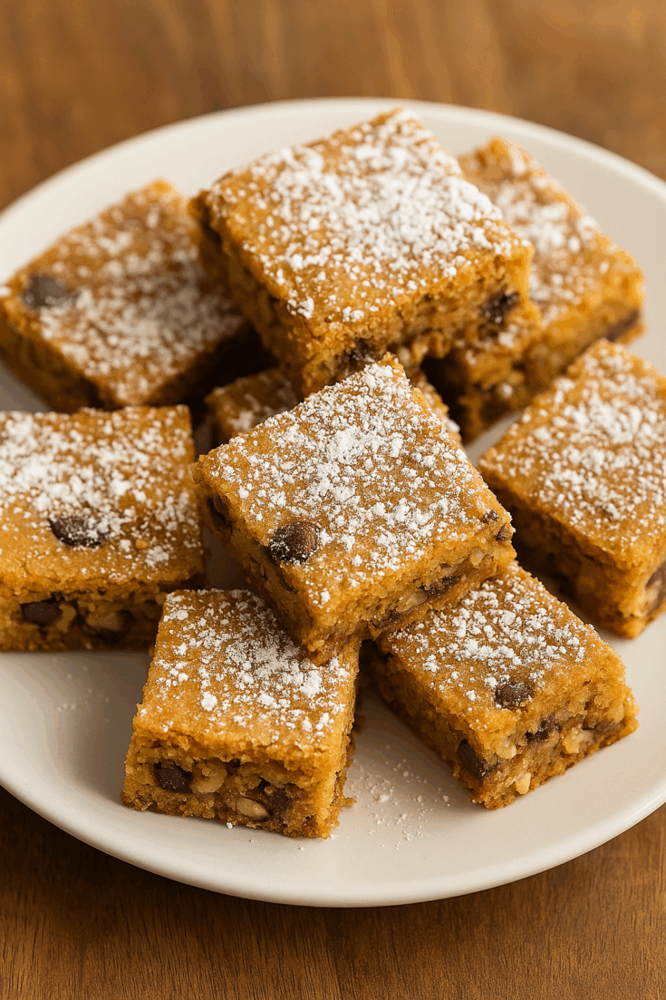 A plate of golden brown chocolate chip cake mix bars dusted with powdered sugar, cut into neat squares and stacked on a white plate, displayed on a wooden table.