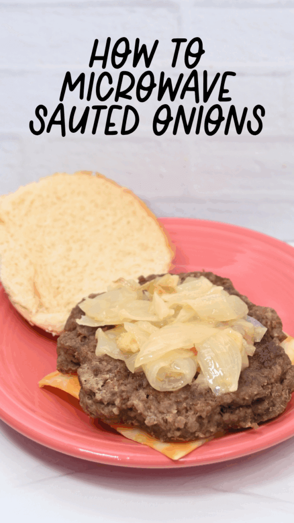 A close up of a hamburger topped with microwave sauted onions on a pink plate.