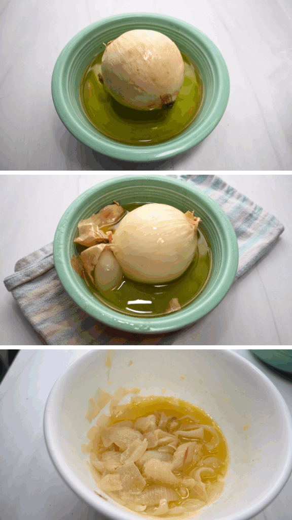 A three image collage showing the process of cooking the onion.