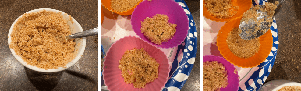 A collage of three images showing how to make the graham cracker crust and place it in the muffin molds. 