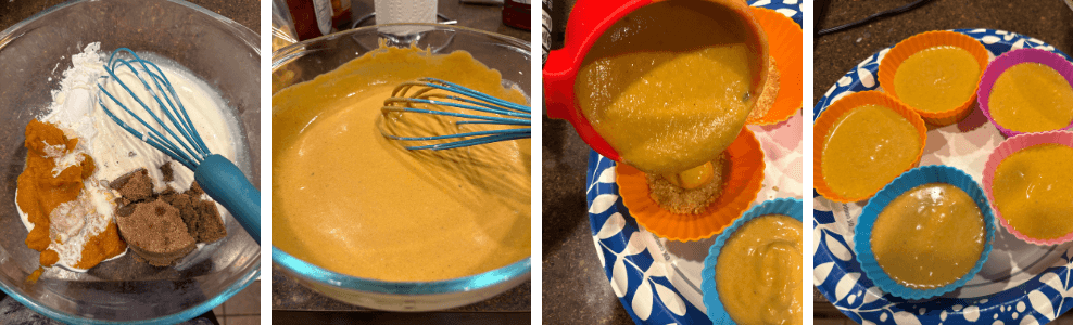A four collage image showing how to mix up the batter for the mini pumpkin pies. 